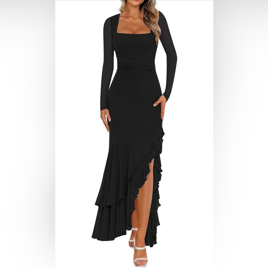 Women's Bodycon Ruched Mesh Long Sleeve Maxi Dress Mermaid